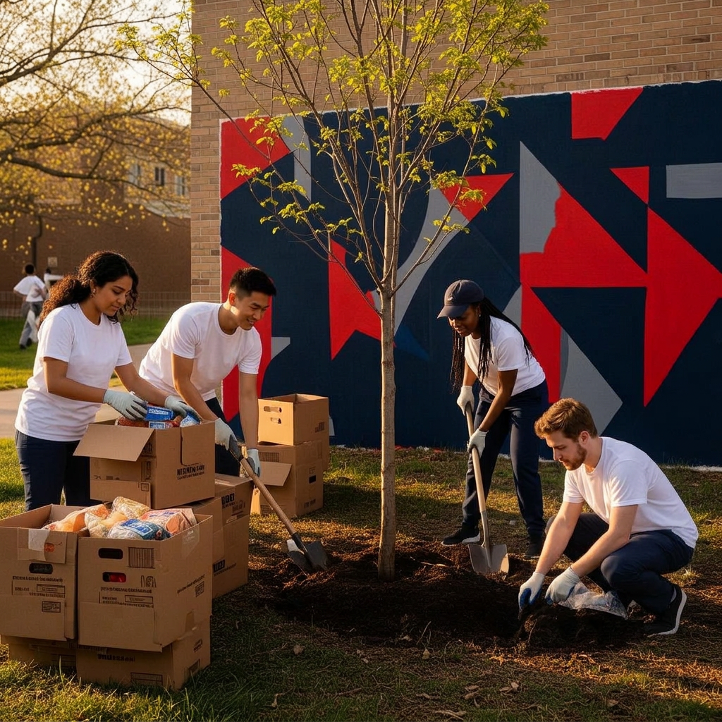 Young DC volunteers at a food bank, planting a tree, and tutoring