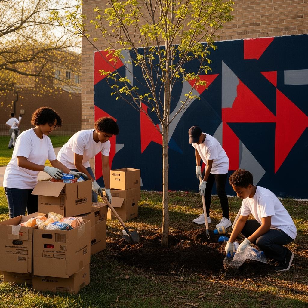 Young DC volunteers at a food bank, planting a tree, and tutoring